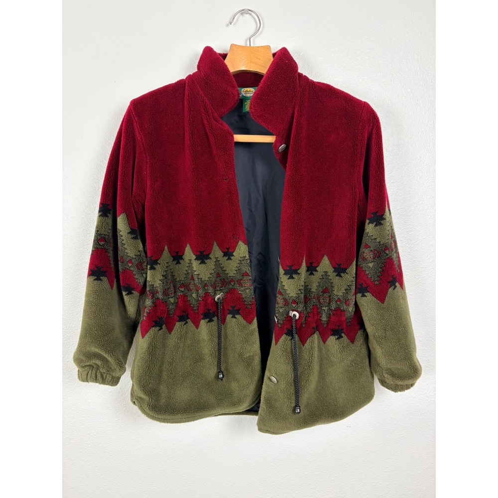 Cabelas Vintage Southwestern Sherpa Fleece Jacket Burgundy Green Large USA Made